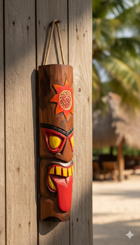 Hand carved wooden tiki mask - carved,