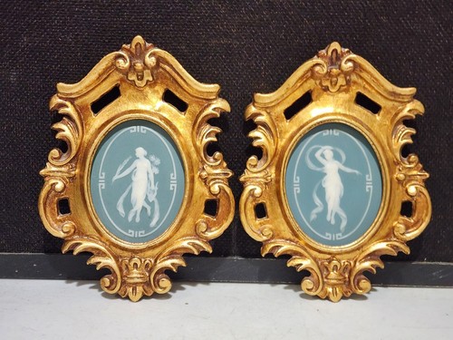Pair gilt wood framed - wood, green
