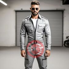 MEN'S GENUINE SHEEP GRAY LEATHER JUMPSUIT CATSUIT FRONT POCKET OVERALL BODYSUITS