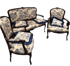 Antique Love Seat Plus  2 Louis Chairs In French Toile Blue White Pretty  Set