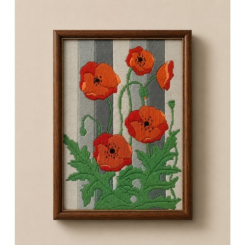 Vintage crewel work poppy - crewel,