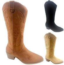 LADIES WOMENS WESTERN MID CALF FAUX SUEDE ZIP UP POINTY COWBOY BOOTS SHOES SIZE