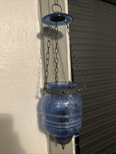 Vintage Blue Hanging Lantern Bell Jar Candle Holder Raised Glass