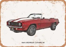 Classic Car Art - 1969 Chevy Camaro SS Pencil Sketch - Rusty Look Metal Sign 4