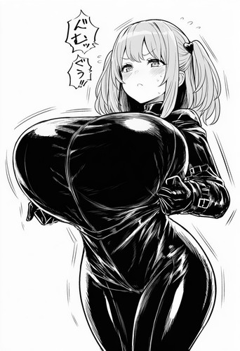 Latex suit holding huge bust - latex,