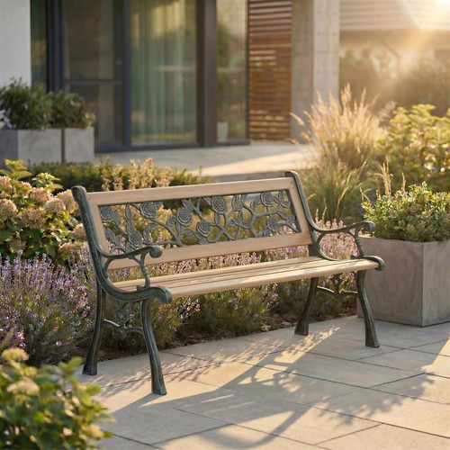 Wooden garden bench - bench, rose