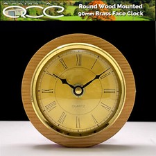 Caravan Clock Round 90mm Brass Face Wood MountedAA Battery Operated
