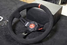 MOMO Suede Leather Deep Dish Racing Red horn Steering Wheel Black Red 13in