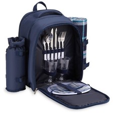 2 Person Picnic Backpack, Navy Blue Tartan Picnic Rucksack & Blanket - Vonshef