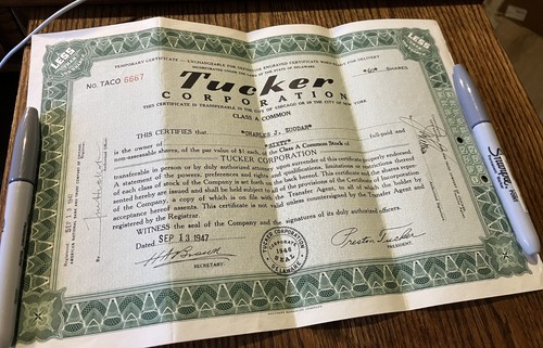 Tucker stock certificates 1947 - tucker,