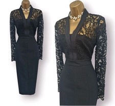 Karen Millen Black Lace V Neck Wiggle Pencil Special Occasion Dress UK 8