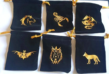 6 Printed Dice Bags Drawstring Pouch Gold Black Flannelette