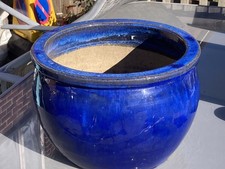 Large Blue Classic high Glazed shiny Flower pot Plant Planter 15wide 10.5”high 