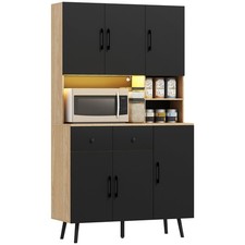 HOMCOM Tall Kitchen Cupboard with LED Lights and Adjustable Shelves, Oak