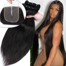 Swiss Lace Closure 4x4 Virgin Human Hair Extensions Indian 3Bundles Deal THICK B