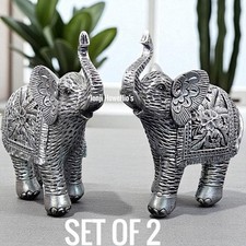 Set Of 2 Silver Lucky Trunk Up Elephant Ornaments Figurine Pair Flower elephants