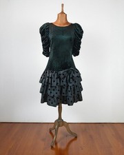 Vintage 80s Prom Dress Evening Party Cocktail Burlesque Black Velvet - UK 12