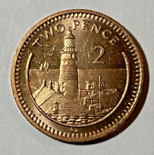 1988 Gibraltar 2 pence Coin Europa Point Lighthouse Nautical