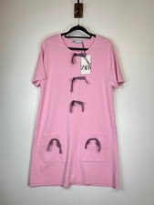 Zara Pink Short Knit Dress With Purple Bows Size Medium NEW
