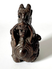 Antique Japanese Carved Boxwood Netsuke. Dragon Chasing a Pearl. inset Signed.
