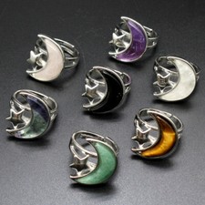 Open Crescent Moon Star Adjustable Ring Gemstone Finger Rings Party Jewelry Gift