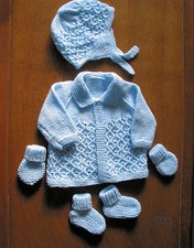  baby blue matinee set new 0 to 3 months hand knitted coat hat booties mitts