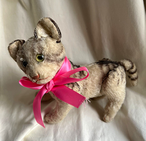 Steiff cat with pink ribbon - cat,
