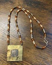 Vintage Handcrafted African Brass Copper Amber Glass pendant Necklace 28”