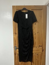 Lipsy Petite Black Stretch Lace Ruched Midi Dress | UK 14 / US 10 | New with Tag