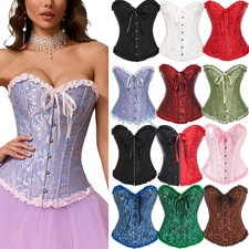 Women's Overbust Boned Corset Burlesque Basque Top Lace-Up Costume Waist Cincher