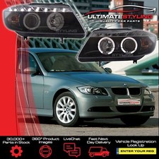 BMW 3 Series E90 Headlights Twin Halo Angel Eyes LED DRL Black Projector 2005-08