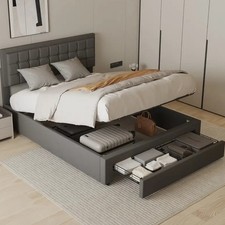 4FT6 Double Ottoman Bed Frame PU Leather Hydraulic Lift Storage Bed Grey 