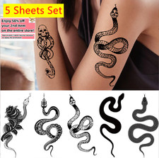 Set of 5 - Waterproof Temporary Tattoo Stickers Snake Rose Arm & Body Art Tattoo