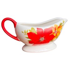 Pioneer Woman Stoneware Gravy Boat Red Green Poinsettia Holiday No Stains MINT