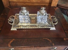 A FINE ANTIQUE BRASS DESK SET