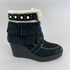 Sam Edelman Black Suede Ankle Lace Tassel Fringe Wedge Boho Boots US9.5 UK7.5