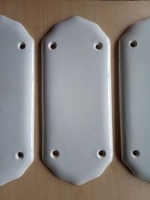 Three matching white ceramic Antique door finger plates, 7.5" x 3",  Reclaimed