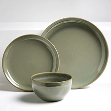 Green 12 Piece Dinner Set Stoneware Reactive Glaze Plates Bowl Set Service for 4