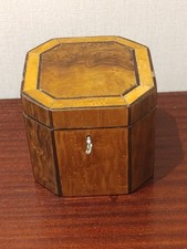 Antique  Octagonal Tea Caddy Made Of Walnut And Maple  5 Inches High Working Key