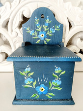 Vintage Salt Box Blue Wooden With Lid Swedish Hand Painted Flowers Rustic