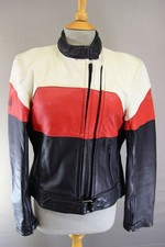 FRANK THOMAS LADIES BLACK, RED & WHITE LEATHER ARMASPORT BIKER JACKET: SIZE 16