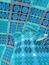 Vintage Blue/Green Welsh wool blanket Portcullis pattern 