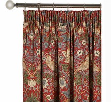 Pair of William Morris Strawberry Thief Crimson Lined Curtains 190cm x 183 cm
