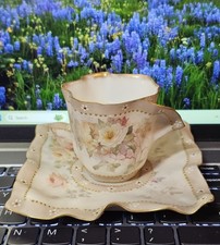 Antique Doulton Burslem Teacup & Square Saucer Raised Paint Rose Flower- Unique