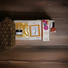 SMALL LIBERTY BEAUTY BAG WITH ELLA AND JO GLOW UP MASK PEACH ORANGE NAIL VARNISH