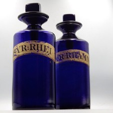 ANTIQUE 19th Century Bristol Blue Glass PAIR OF APOTHECARY BOTTLES