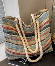 Rattan Straw Fabric Woven Women Tote Bag Rainbow Colour Large Beach Summer Bag