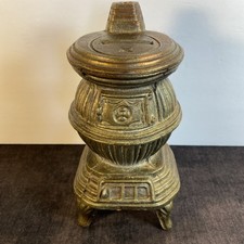 Pot Belly Stove Coin Piggy Bank Metal W/Copper Brass Color-7”, Vintage, Locks