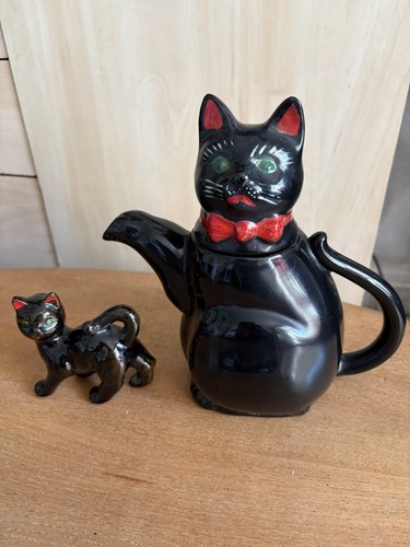 Vintage retro black cat teapot - cat,