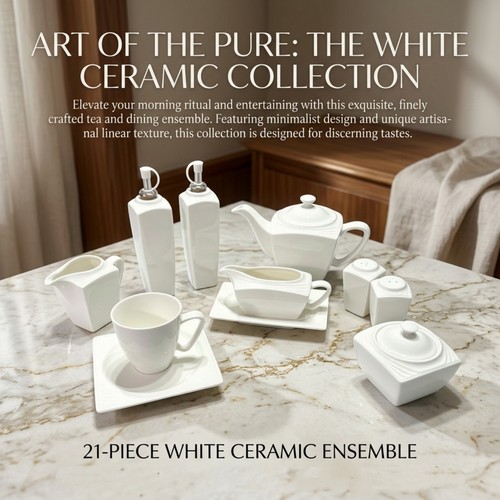 21pcs white ceramic - white, coffee